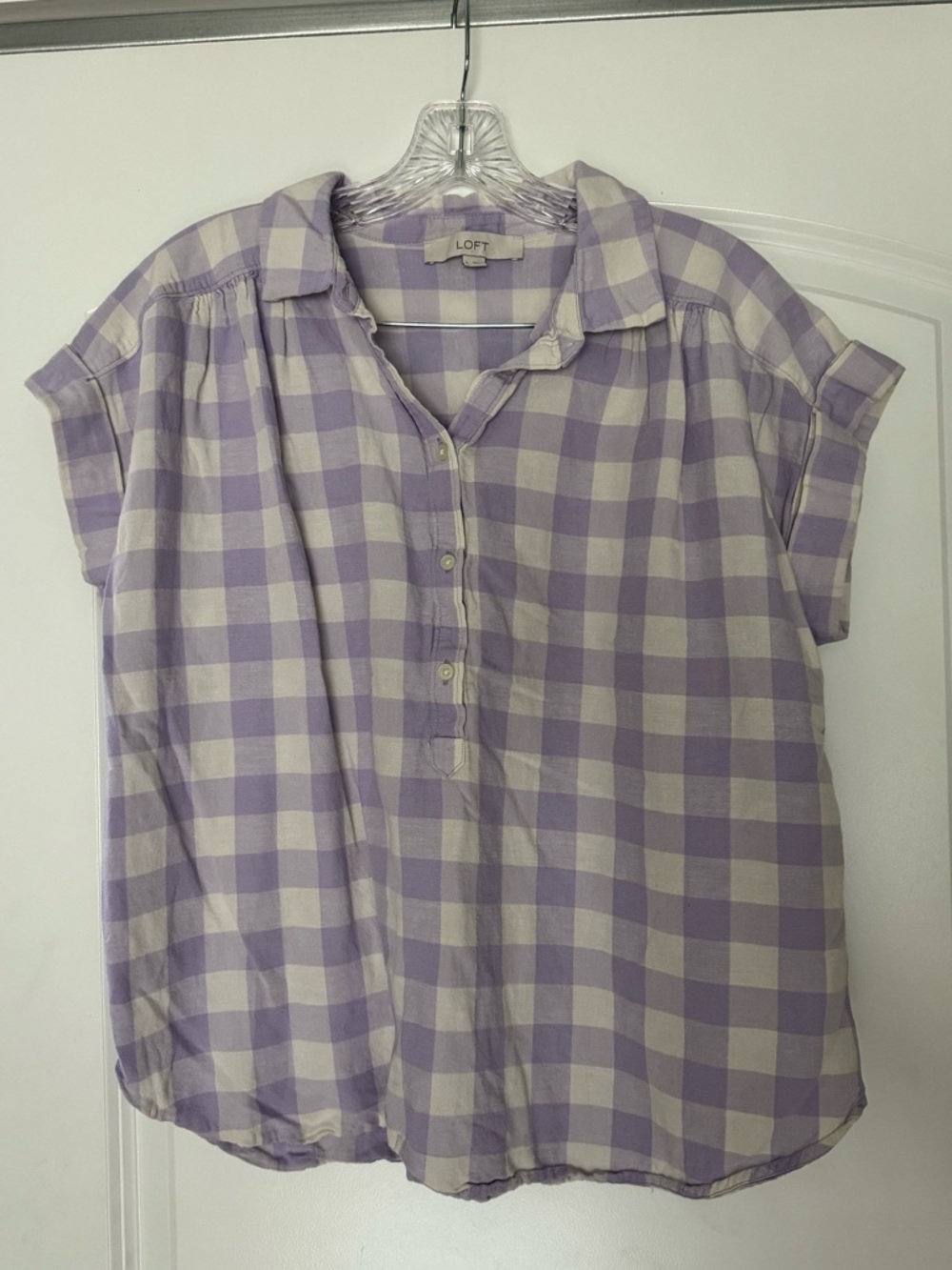 LOFT Purple and White Gingham Short Sleeve Button Top